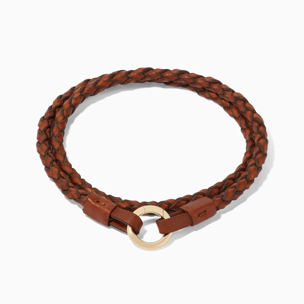 14ct Yellow Gold 41cms Brown Plaited Leather Bracelet | Annoushka jewelley